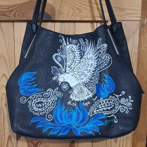 Hand Crafted Painted Black Pebble Leather Hobo Bag - Picture 1 of 17